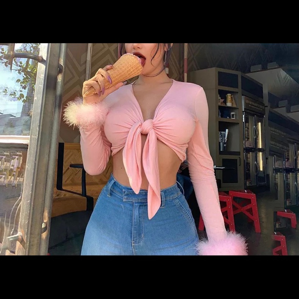 “Barbie Type” Long Sleeve Fur V-neck Bandage Crop